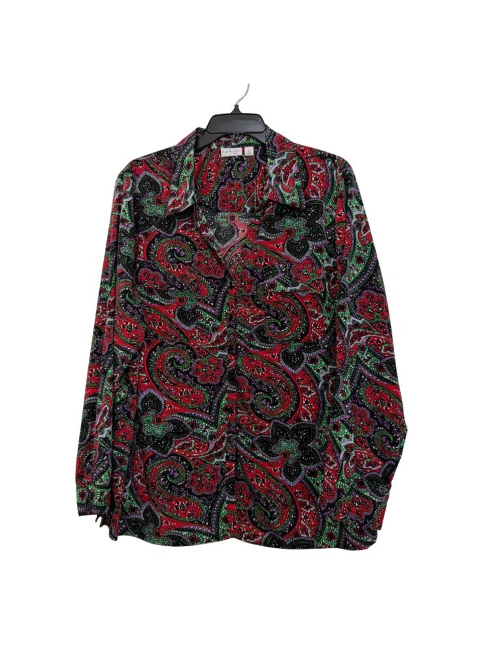 Kim Rogers Curvy Womens Paisley Button-Up Blouse Size 2X Red/Green Front Pockets